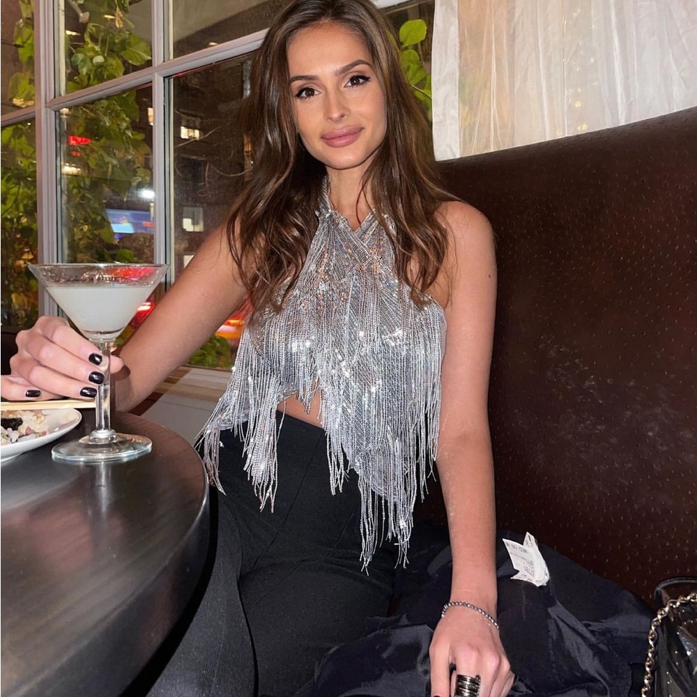 Zara Silver Sequin Fringe Halter Crop Top
